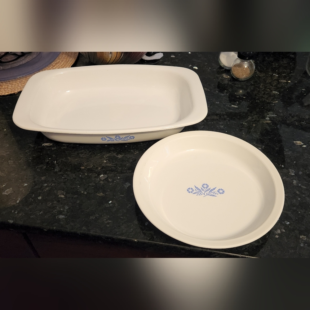 Corningware P-21 Roaster Blue Cornflower Roasting Pan & 9in Pie Pan
